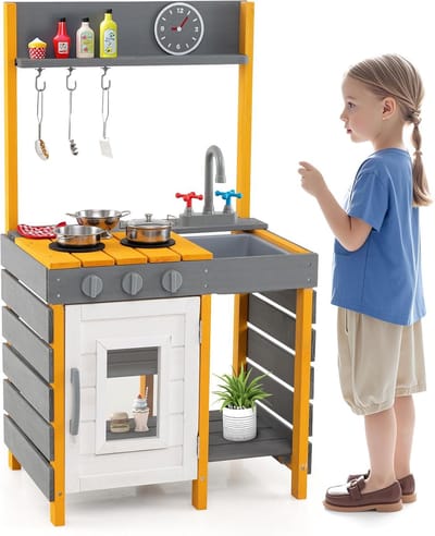 KOMFOTTEU Houten Modderkeuken - met fornuis - buitenkeuken - buiten speelkeuken - met gootsteen, kraan, oven, accessoires - voor jongens en meisjes vanaf 3 jaar