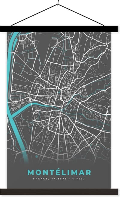 Posterhanger incl. Poster 40x60 cm - Schoolplaat - Montélimar - Frankrijk - Stadskaart - Kaart - Plattegrond - Textielposter - Zwarte latten - Stadskaart
