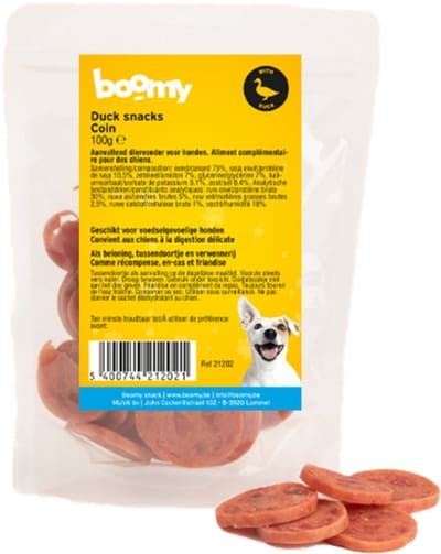 Boomy - Duck Coins – Ronde hondensnacks met eend - Licht verteerbaar hondensnoepjes en perfect als beloning - 3 x 100g