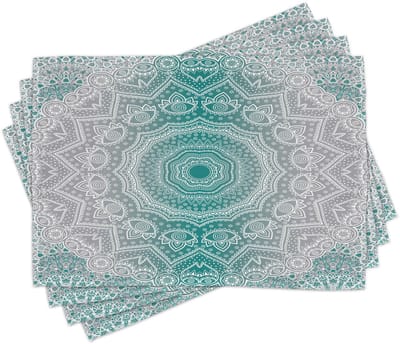 New Bed Grijs en Blauwgroen Mandala Ombre Motief Set van 4 Placemat voor Eettafel, Wasbare Stof met Antislip Achterkant