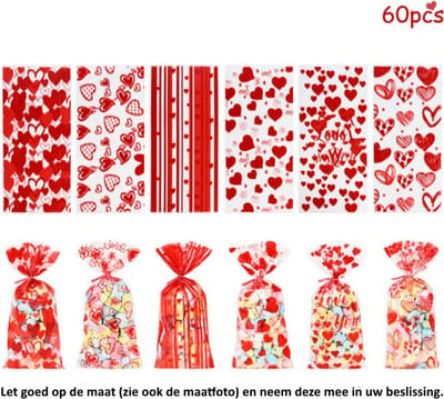 60x Uitdeelzakjes hartjes mix 12.3 x 27.5 cm - 6 verschillende varianten - hearts - liefde - bruiloft - trouwerij - bruid - verloving - marriage - Cellofaan Plastic Traktatie Kado Zakjes - Snoepzakjes - Koekzakjes - Koekje - Cookie Bags<