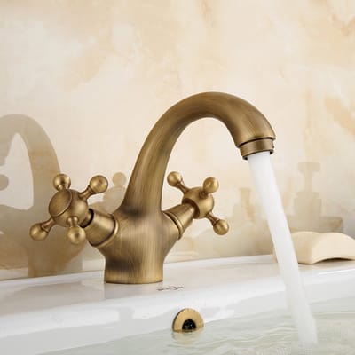 Kraan-Antiek messing wastafelmengkraan voor opbouwmontage | Traditionele stijl met dubbele kruishendel | Enkele uitloop voor eenvoudige warm- en koudwaterregeling