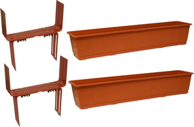 Set van 4 kunststof plantenbakken terracotta rechthoekig 80 cm met 8 verstelbare balkon/muurbeugels