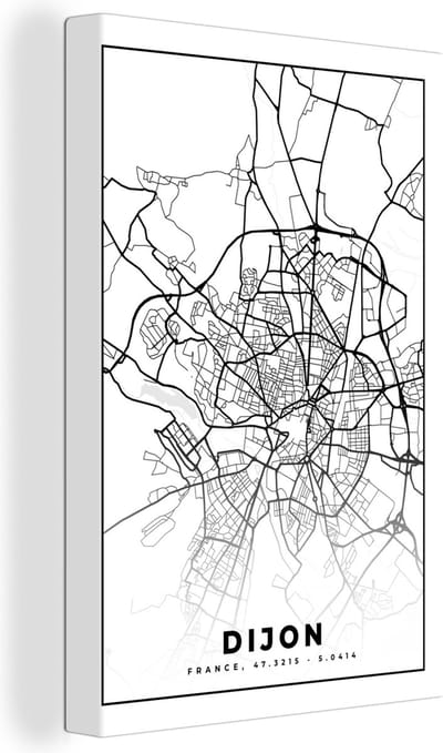 Canvas Schilderij Frankrijk - Dijon - Plattegrond - Stadskaart - Kaart - Zwart wit - 20x30 cm - Wanddecoratie