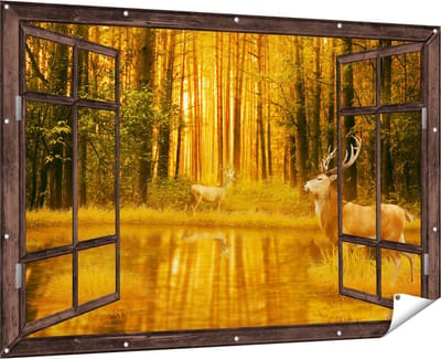 Gards Tuinposter Doorkijk Twee Herten in het Bos bij het Water - 180x120 cm - Tuindoek - Tuindecoratie - Wanddecoratie buiten - Tuinschilderij