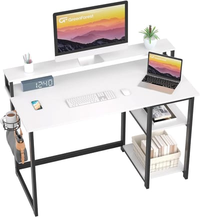 Beige Computer Bureau met Volledig Beeldscherm, 120 cm met 2 Omkeerbare Opbergplanken, Hoofdtelefoonhaak en Bekerhouder
