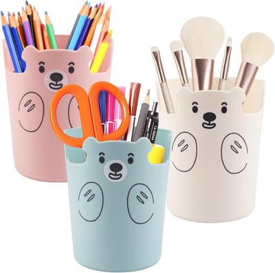 Multifunctionele Penhouder Set van 3 Stuks, Ronde Desk Organizer voor Potloden en Make-up, Ideaal voor Kantoor en Thuisgebruik (Roze, Blauw, Wit)