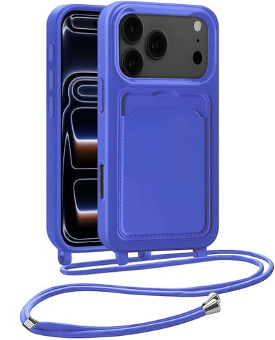Hoesje Geschikt voor iPhone 17 Pro / 18 Pro Hoesje Met Telefoonkoord en Pasjeshouder Siliconen - Hoes Geschikt voor iPhone 17 Pro / 18 Pro Hoesje Met Kaarthouder Case - Felblauw
