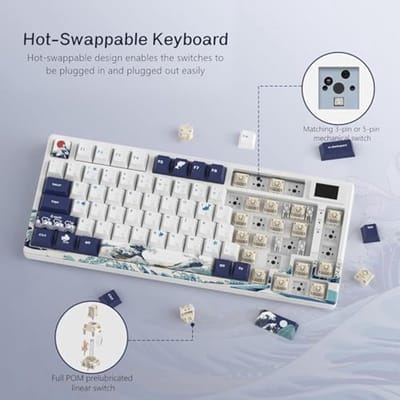 75% Mechanisch Gaming Toetsenbord - Compact, LED Achtergrondverlichting, USB C, Hot Swappable, Kanagawa Themapatroon, Gasket Mount RGB