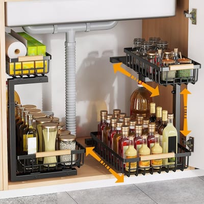 Uitbreidbaar Keukenkastje met 2 Niveaus, Verstelbare Organiser voor de Keukenkraan, Carbon Staal, Zwart, Ideaal voor Koken en Opbergen