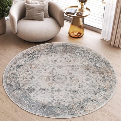 Tapiso Valley Rond Vloerkleed Grijs Vintage Laagpolig Tapijt Maat- 80x80