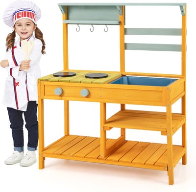 COSTWAY Modderkeuken voor kinderen, outdoor, kinderkeuken, hout met waterfunctie, speelkeuken voor kinderen met haak en afneembaar rek, tuinkeuken, cadeaus voor kinderen vanaf 3 jaar