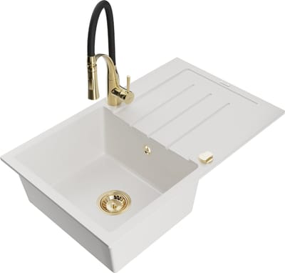 Mexen Bruno granieten spoelbak 1-koer met afdruipplaat en keukenkraan Aster, wit - 6513-20-73450-57-G