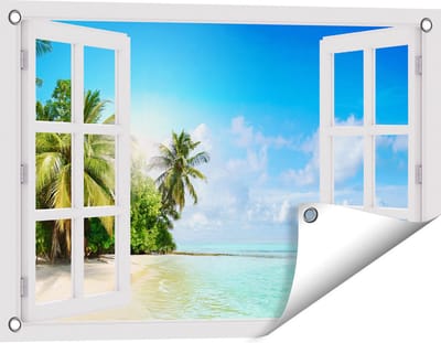 Gards Tuinposter Doorkijk Tropisch Strand bij de Licht Blauwe Zee - 60x40 cm - Tuindoek - Tuindecoratie - Wanddecoratie buiten - Tuinschilderij