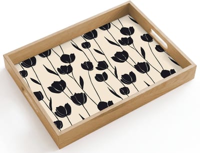 Dienblad hout 40x30 cm - Schootdienblad - Tulpen - Patroon - Zwart - Borrelplank rechthoek - Plateau dienbladen