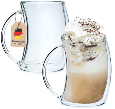 Intirilife 2x Dubbelwandig thermoglas - gebogen stijl - inhoud 200 ml - set van 2 bekers - zweefeffect, mondgeblazen, geïsoleerd voor latte macchiato, als theeglas of koffieglas met oor
