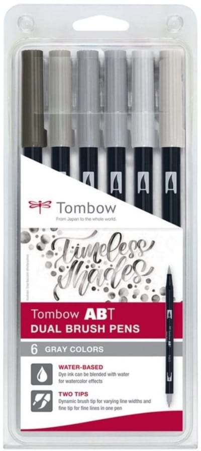 Tombow ABT - Dual Brushpennen - Penseelstiften - Grijze kleuren - 6 Stuks