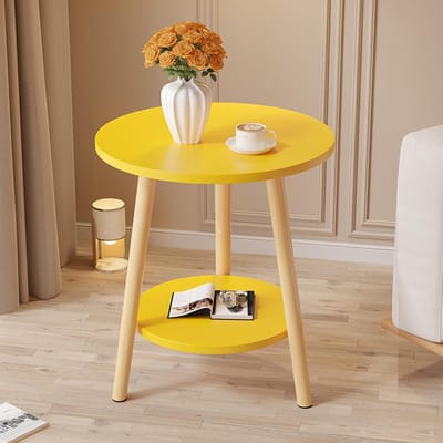 Massief houten ronde bijzettafel met 2 niveaus en duurzame beugel voor kleine ruimtes, geel (50 cm diameter 71,9 cm hoogte)