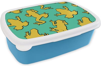 Broodtrommel Blauw - Lunchbox - Brooddoos - Patroon - Jungle - Kikkers - 18x12x6 cm - Kinderen - Jongen
