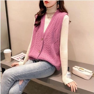 Lente en Herfst Vest V-hals Vest Gebreid Gilet Losse Mouwloze Trui S pink