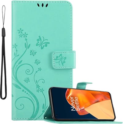 Cadorabo Hoesje geschikt voor OnePlus 9 PRO in BLOEMEN TURKOOIS - Beschermhoes in bloemmotief met magnetische sluiting, standfunctie en kaartsleuven Book Case Cover Etui