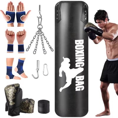 Aafinity Hangende Zware Bokszak Set - Muay Thai & Kickbokstraining - Bokszak met Handschoenen, Reactiebal & Ophanghaken - Niet-gevuld ontwerp