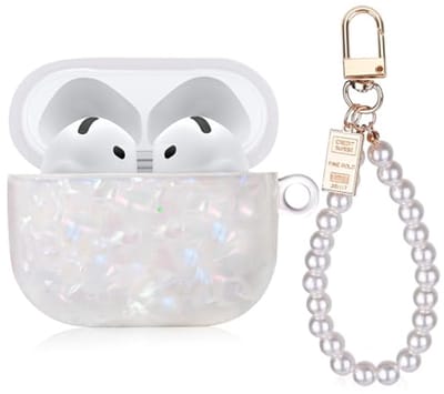 Hoes voor AirPods 4 met parelarmband en glitter-marmeren design, harde TPU-behuizing, actieve ruisonderdrukking