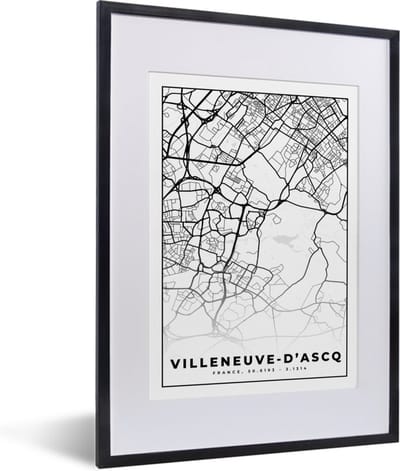 Fotolijst incl. Poster Zwart Wit- Kaart - Stadskaart - Frankrijk - Villeneuve-D'Ascq - Plattegrond - Zwart wit - 30x40 cm - Posterlijst