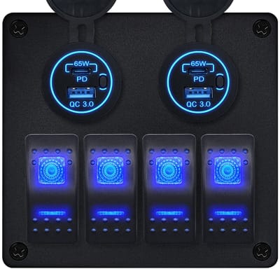 ProRide Schakelpaneel 12V voor Auto/Boot - USB/USB C Stopcontact 4 Poorten met Schakelaar - 65W - QC3.0 - 4 schakelaars - Blauw