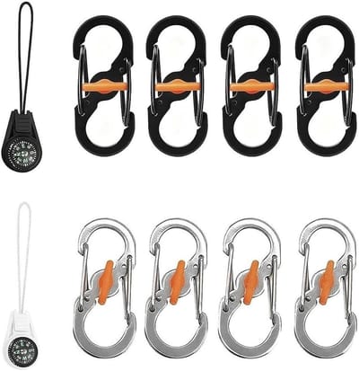 Set van 8 Mini Carabiners met 2 Mini Compassen - RVS Haakjes voor Outdoor, Wandelen, Kamperen en Vissen