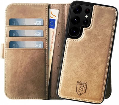 Rosso Elite Hoesje Geschikt voor Samsung Galaxy S23 Ultra | Compatibel met MagSafe | Book Case en Back Cover | Magnetisch Uitneembaar | Echt Leer Beschermhoes met Pasjeshouder | Lichtbruin