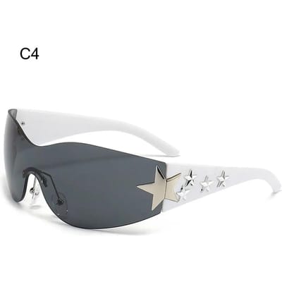 Y2K Trendy Randloze Zonnebrillen voor VrouwenenMannen Ster Wrap Around Zonnebrillen Trendy Cool UV 400 Bescherming Beschermende Glazen voor Buiten Strand