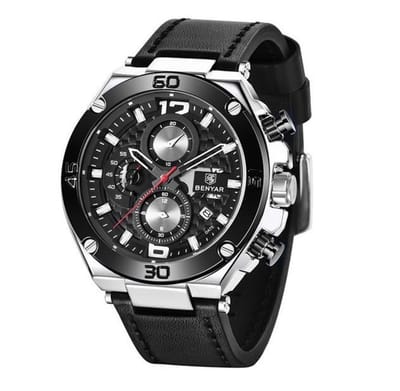 Herenhorloge - Chronograaf - Horloge Heren - Leren Band - Zwart
