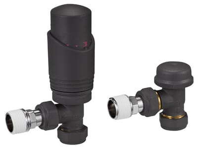 Radiatorconnect thermostatische radiatorkraan + voetventiel 1/2" O-ring x 15 mm knel zwart haaks.
