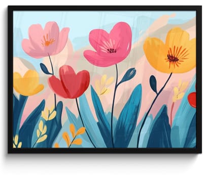 Poster in lijst - Fotolijst 70x50 cm - Posters - Illustratie - Bloemen - Kleurrijk - Posterlijst zwart - Decoratie - Wanddecoratie woonkamer - Muurdecoratie slaapkamer