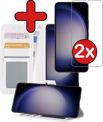 Hoesje - Met 2x Screenprotector - Geschikt voor Samsung Galaxy S23 - Luxe Pasjeshouder - Flip Case - Bookcase Portemonee - Kunstleer Book Case - Flipcase Hoes - Book Cover - Walletcase - Portemonneehoes - Telefoonhoes - Wit