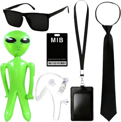 Geheime Spion in Zwart Kostuum, Opblaasbare Alien, Zwarte Stropdas, Piloten Zonnebril en ID Badge voor Halloween Verkleedpartijen en Theatrale Optredens