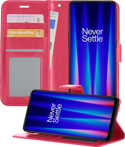 Hoesje - Geschikt voor OnePlus Nord CE 2 - Luxe Bookcase - Walletcase Hoes - Portemonnee - Cover - Telefoonhoes - Donkerroze