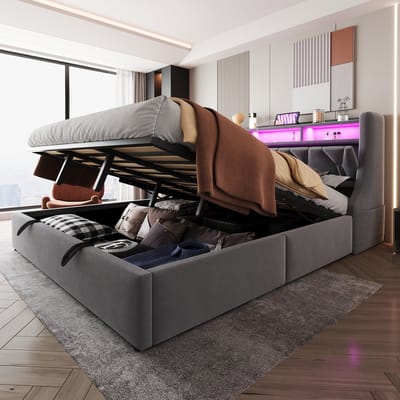Gestoffeerd Bed 180x200 - Hydraulisch Stauraumbed Met Opklapbaar Hoofdbord - Met LED En Stopcontact - Fluweel - Grijs