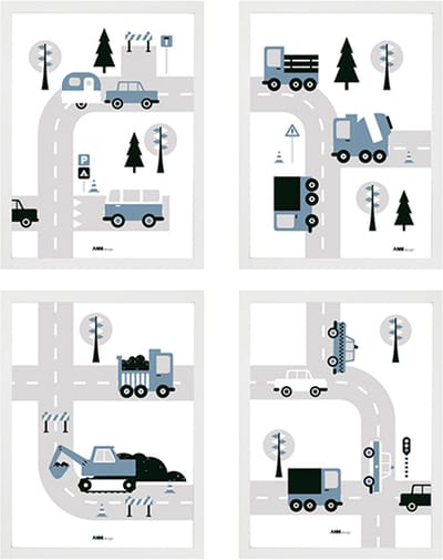 Poster set Voertuigen jeans blauw 4x maat A3 - auto - graafmachine - vrachtwagen - kinderkamer - jongenskamer - muurdecoratie - kinderkamerstyling – kinderkameraccessoire