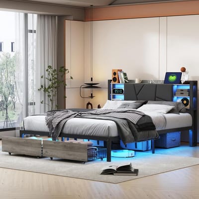Metalen Bed - Gestoffeerd Bed Frame - Slaapkamer Inrichten - Led Verlichting Hoofdeinde - 140 x 200 cm - Grijs