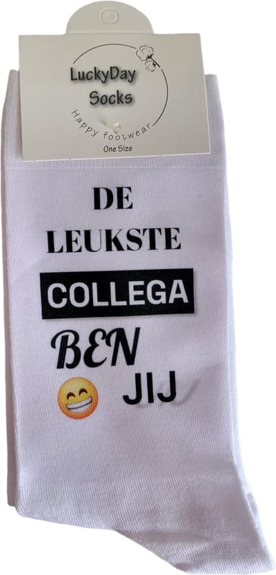 De leukste collega ben jij - Werk - Verjaardag - Gift - Sokken met tekst - Witte sokken - Cadeau voor vrouw en man - Kado - Sokken - Verjaardags cadeau voor hem en haar - LuckyDay Socks - Maat 37-44
