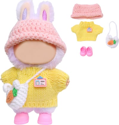 Joya Kids® Verkleedset voor Bubu Pop Geel en Roze Gebreid Pakje met Muts, Schoudertas & Schoenen | Outfit voor 17 cm Mart Figuren | Kleding & Bescherming in Één | Pop niet inbegrepen