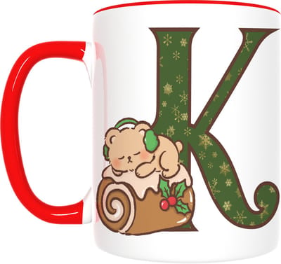 Kerst Mok met Letter K & Beer – Uniek Cadeau met Kaneelrol – Inclusief Cadeauverpakking – 350ml