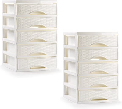 PlasticForte ladeblokje/bureau organizer - 2x - 5 lades - ivoor wit - L18 x B21 x H28 cm