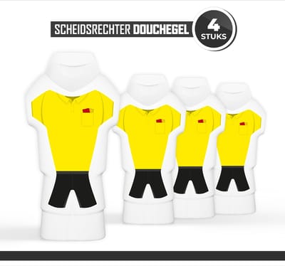 Douchegel "Scheidsrechter" - 300 ml - 4 stuks - Triomf Cosmetica | Showergel Shampoo Cadeau Week van de Scheidsrechters Sport Voetbal Cadeautje Scheidsrechters Douchegel Set Bedankt Tenue Wedstrijd Toernooi Rode Gele kaart Shirt Geel