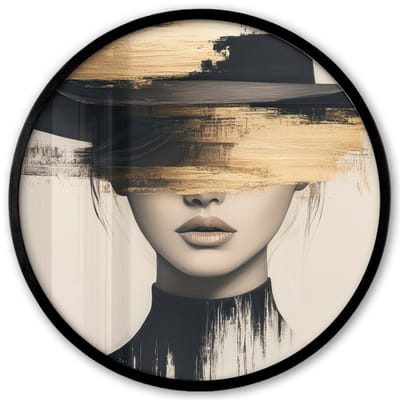 Poster in lijst Rond - Fotolijst 40x40 cm - Posters - Vrouw - Hoed - Verf - Ronde posterlijst zwart - Decoratie - Wanddecoratie woonkamer - Muurdecoratie slaapkamer