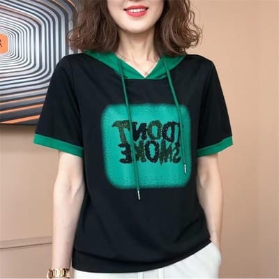 Nieuw Zomer T-shirt met Capuchon en Korte Mouwen voor Dames met Veelzijdig Temperament, Slank en Leeftijdsverminderend Losse Letters en Diamanten Top voor Dames 5XL black
