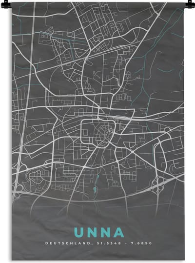 Wandkleed - Wanddoek - Duitsland – Blauw – Unna – Stadskaart – Kaart – Plattegrond - 120x180 cm - Wandtapijt