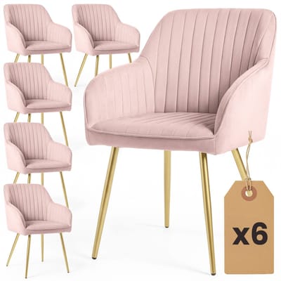Set van 6 Eetkamerstoelen FLORENCE met Armleuningen / Gestoffeerde Stoelen / Fluwelen Stoelen en Metalen Poten / Poederroze met gouden benen